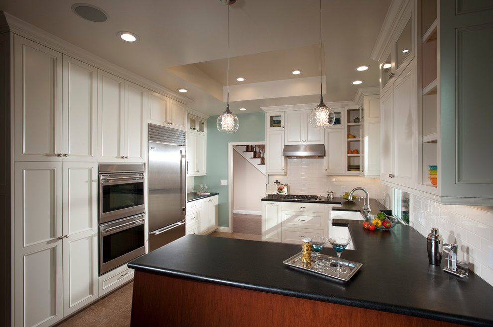 White Granite Countertops Kitchen Traditional with Black Countertops Brown Tile