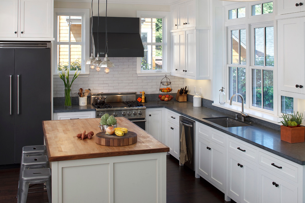 White Kitchen Cupboards Kitchen Traditional with Black Fridge Black Panel