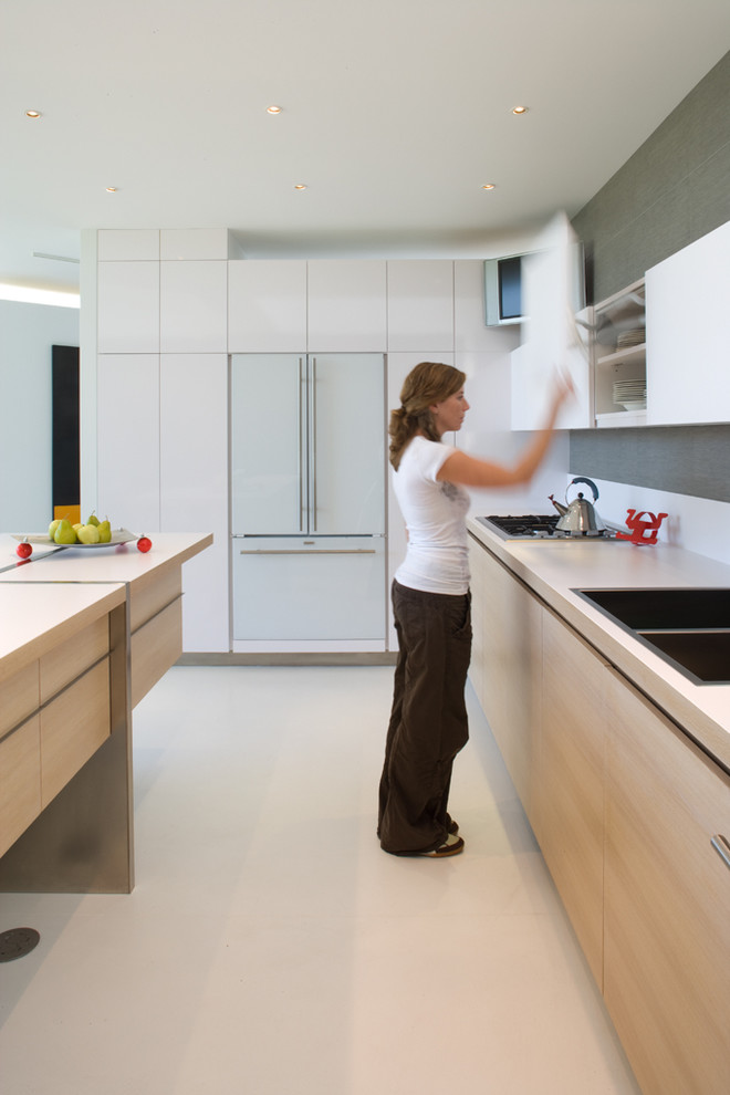 White Lacquer Cabinets Kitchen Modern with Ceiling Lighting Concrete Flooring