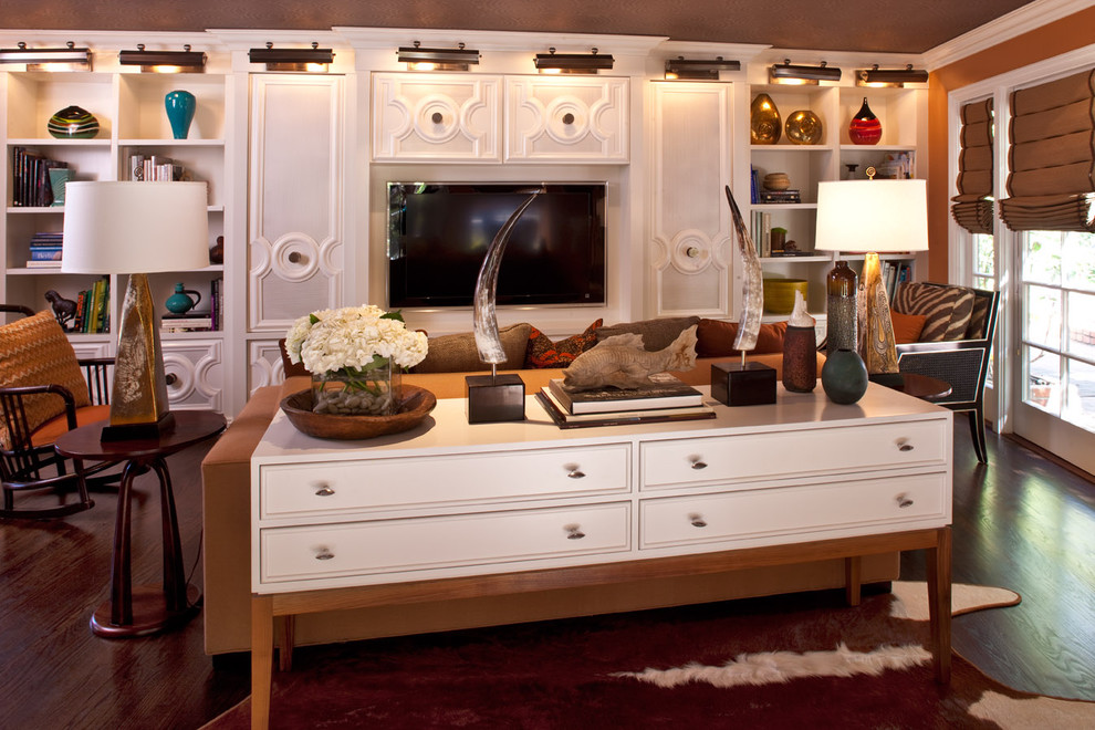 White Lacquer Credenza Family Room Transitional with Bold Colors Built In