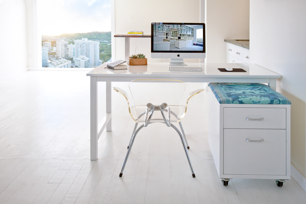 White Lacquer Desk Home Office Contemporary with Cabinets Chic City View