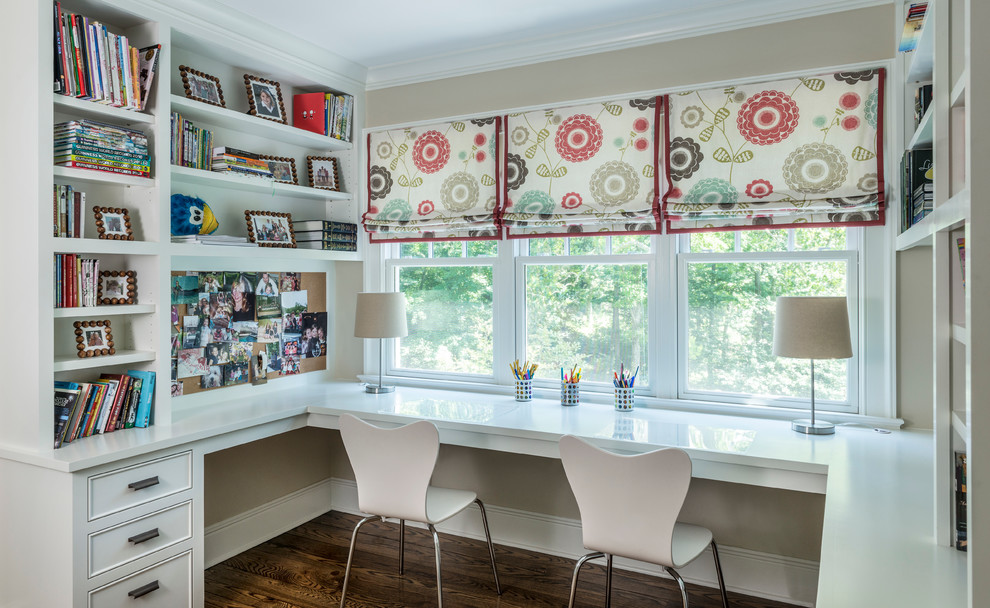 White Lacquer Desk Kids Traditional with Built in Cabinetry Bulletin Board