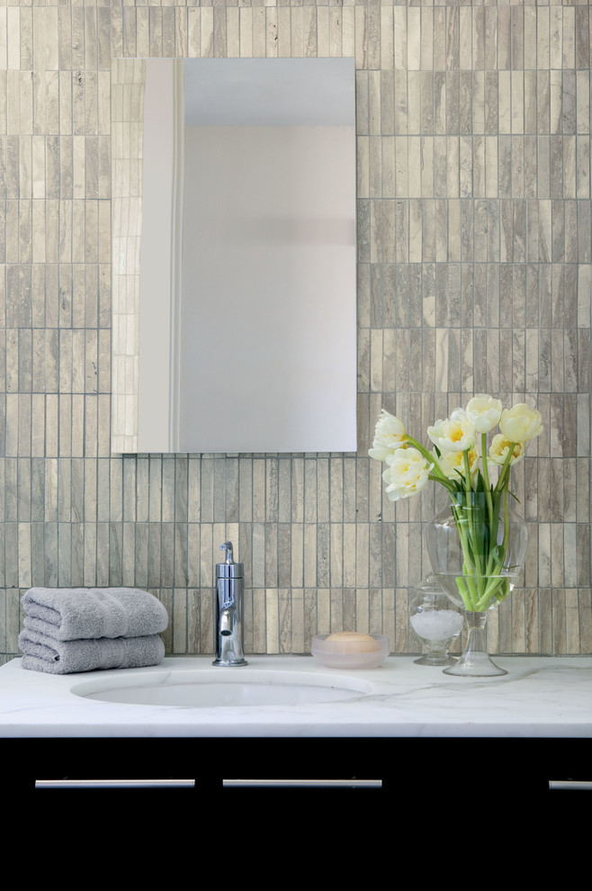 White Lacquer Mirror Bathroom Contemporary with Travertine Mosiac 