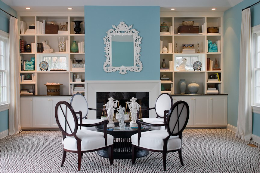 White Lacquer Mirror Family Room Traditional with Baker Chairs Blue Walls