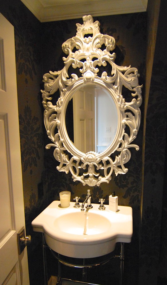 White Lacquer Mirror Powder Room Eclectic with 6 Panel Door American