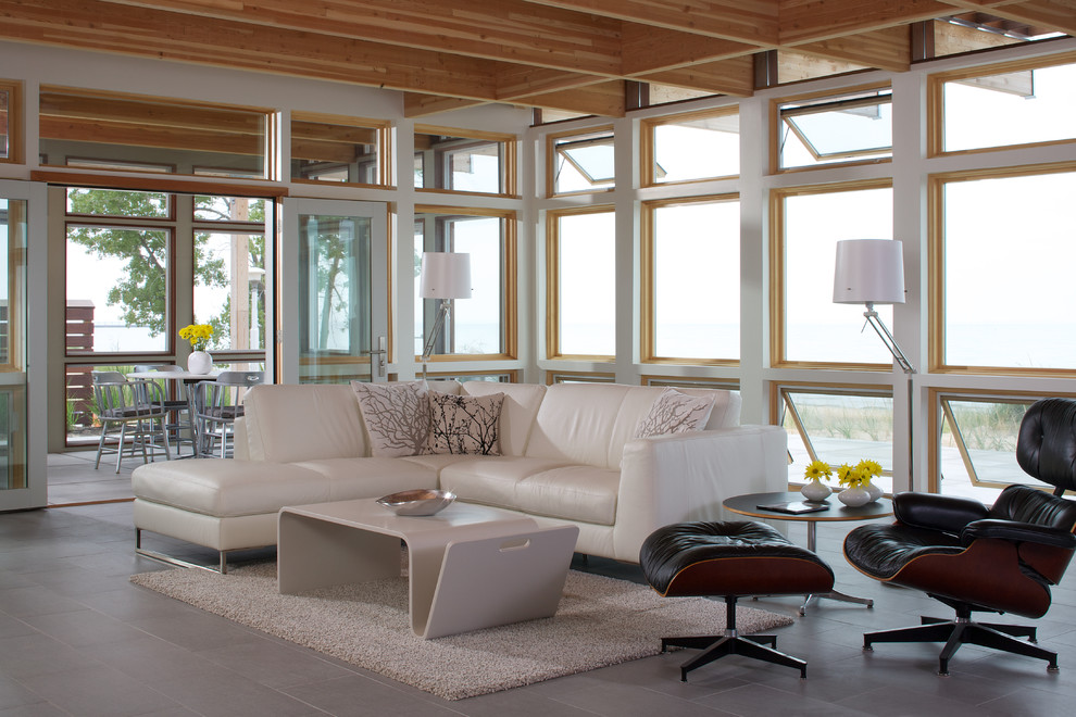 White Leather Couch Living Room Contemporary with Area Rug Awning Windows