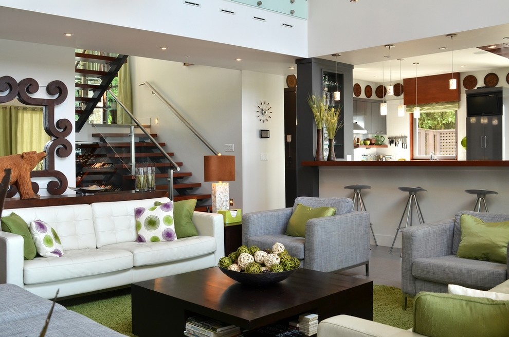 White Leather Couch Living Room Contemporary with Bowl Coffee Table Counter