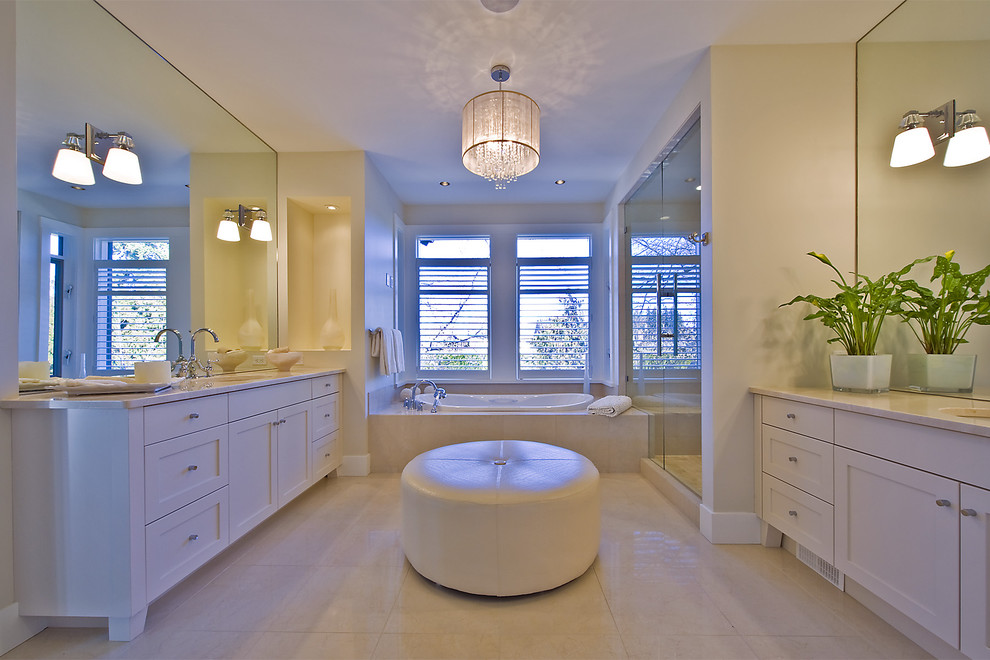 White Leather Ottoman Bathroom Contemporary with Blinds Chandelier Double Sinks