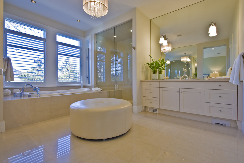 White Leather Ottoman Bathroom Contemporary with Blinds Chandelier Double Sinks2