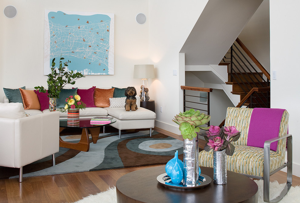 White Leather Sofa Living Room Contemporary with Artwork Bay Area Brazilian