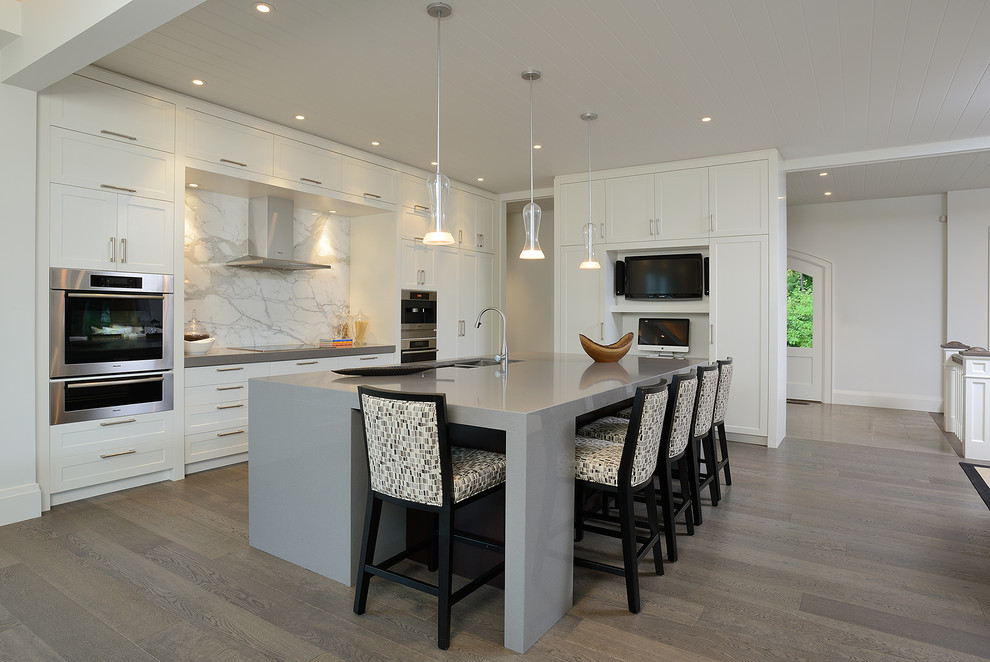 White Marble Backsplash Kitchen Contemporary with Glass Pendant Lights Gray