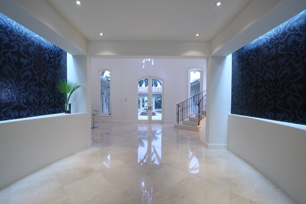 White Marble Floors Entry Contemporary with Black and White Ceiling