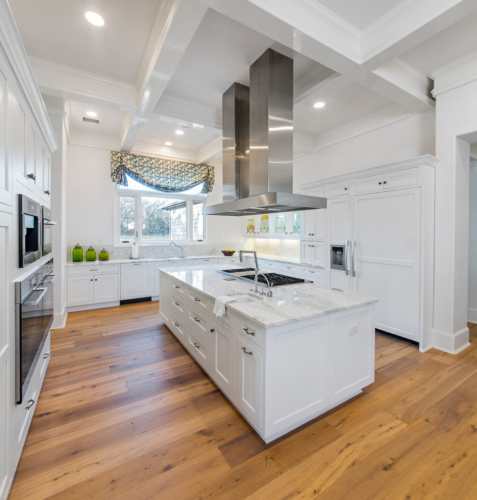 White Modern Kitchen Cabinets Kitchen Contemporary with Calcutta Marble Countertops Coffered