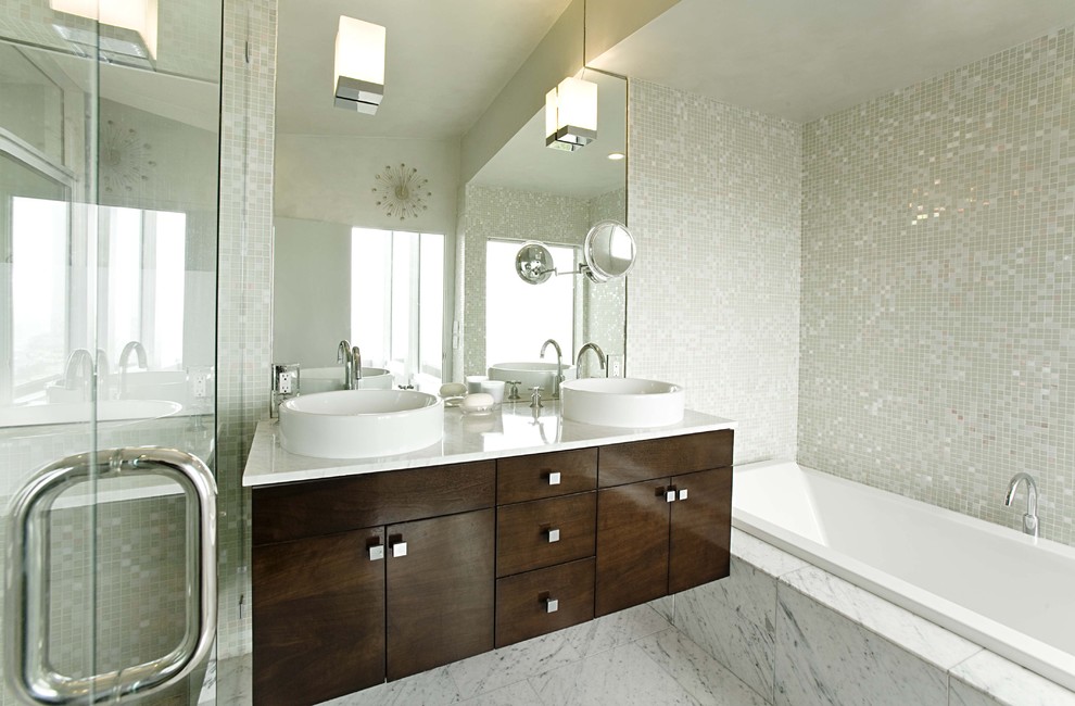 White Mosaic Tile Bathroom Contemporary with Above Counter Sink Carrara
