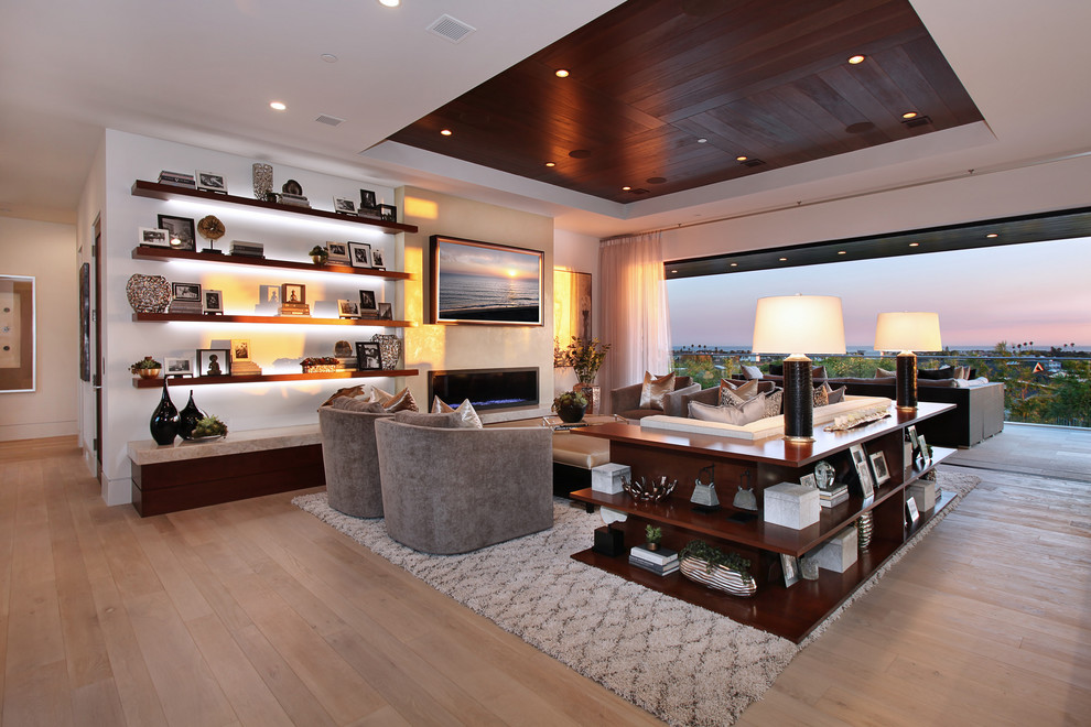 White Oak Hardwood Flooring Family Room Contemporary with Cherry Furniture Cove Lighting
