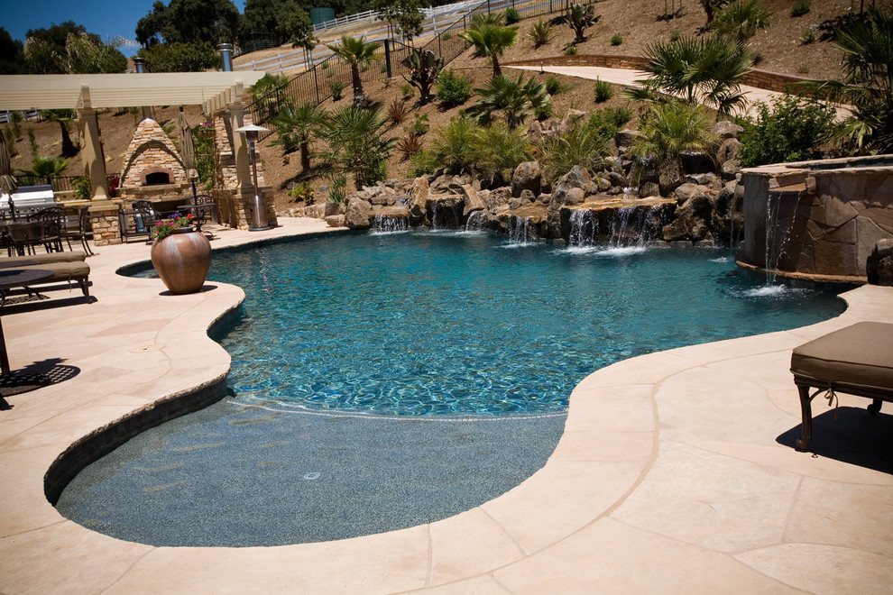 White Oak Wood Flooring Pool Mediterranean with Rock Waterfall Shelf 