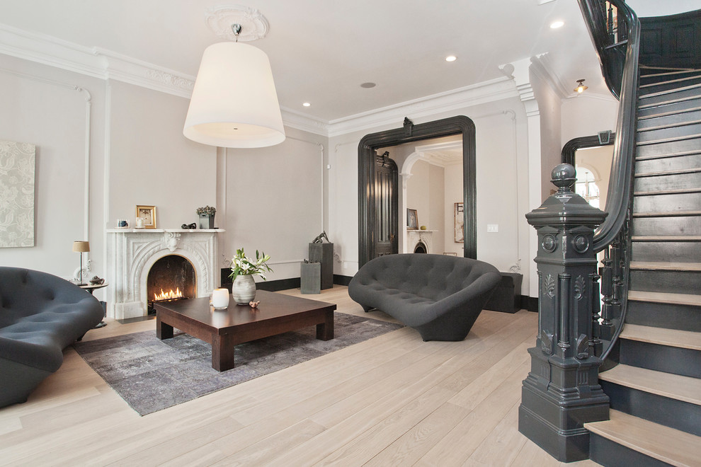White Oak Wood Floors Living Room Transitional with Arched Fireplace Baroque Minimalism
