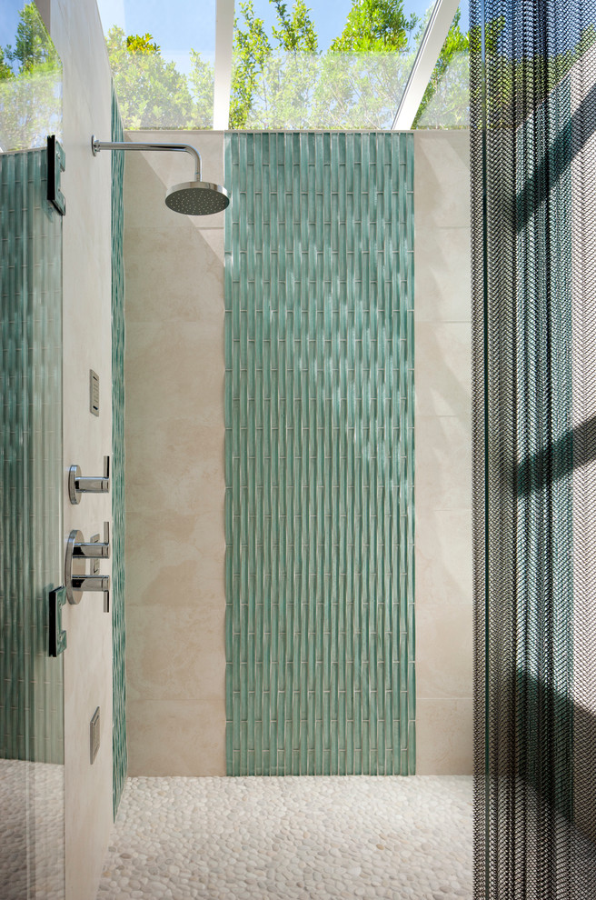 White Pebble Tile Bathroom Modern with Blue Tile Clear Glass