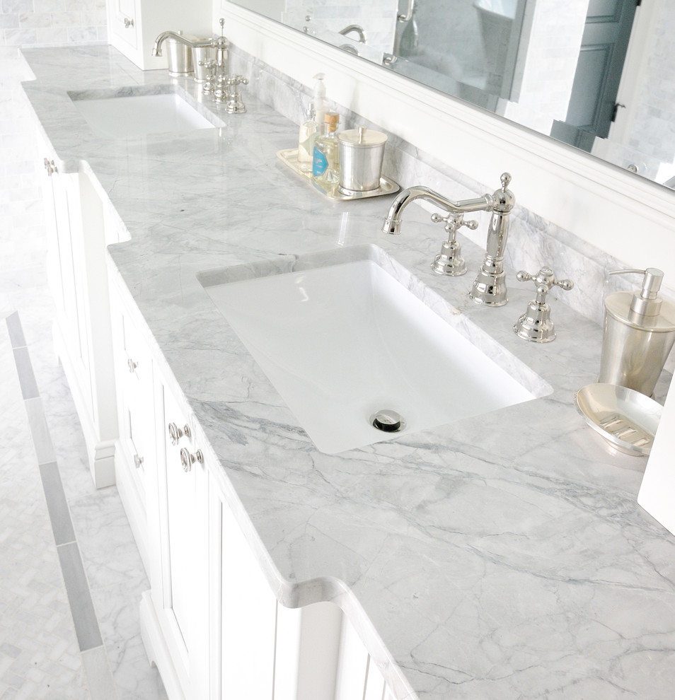 White Quartzite Countertops Bathroom Traditional with Bianco Carrara Super White1