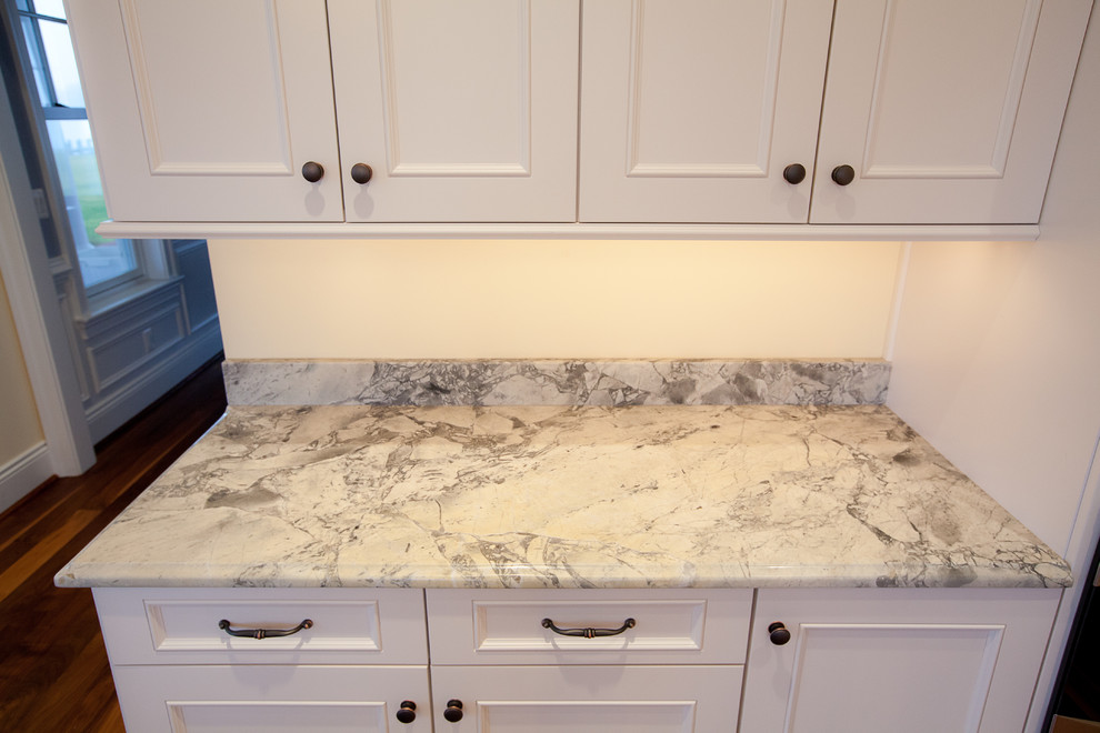 White Quartzite Countertops Kitchen Traditional with Black Drawer Pulls Fantasy