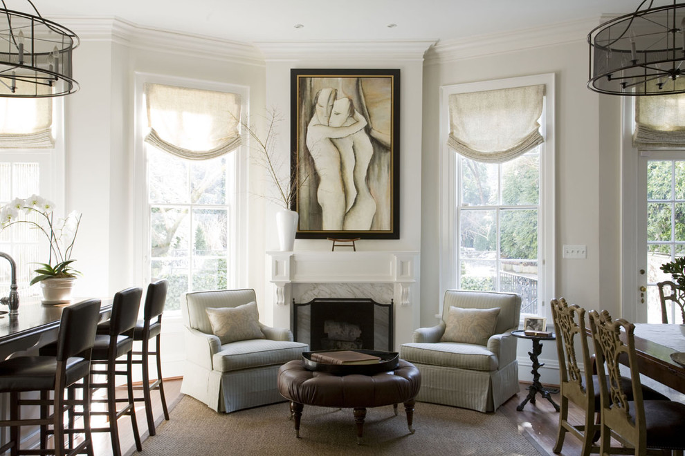 White Roman Shades Living Room Traditional with Area Rug Arm Chairs
