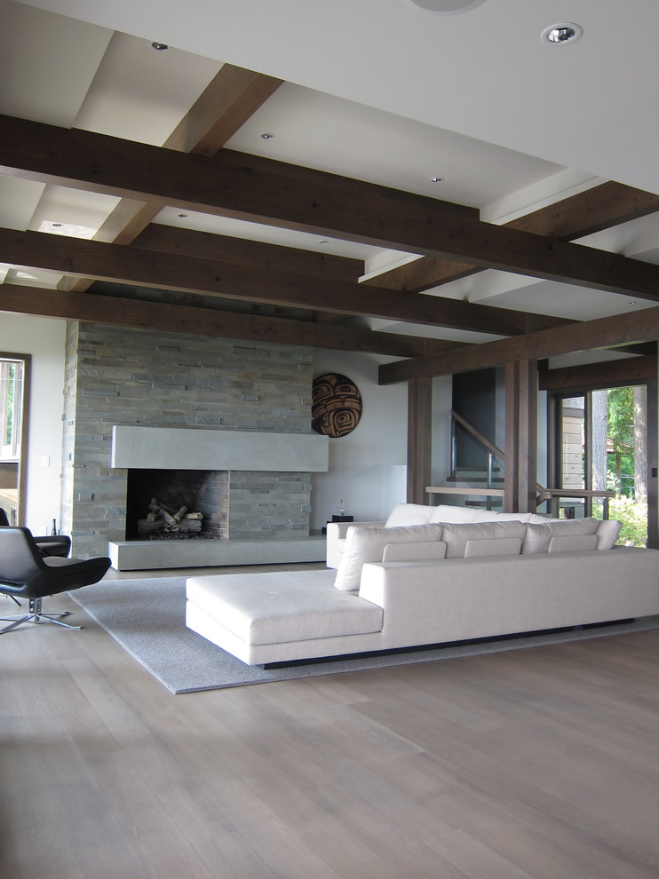 White Sectional Sofa Living Room Contemporary with Concrete Concrete Mantel Fireplace