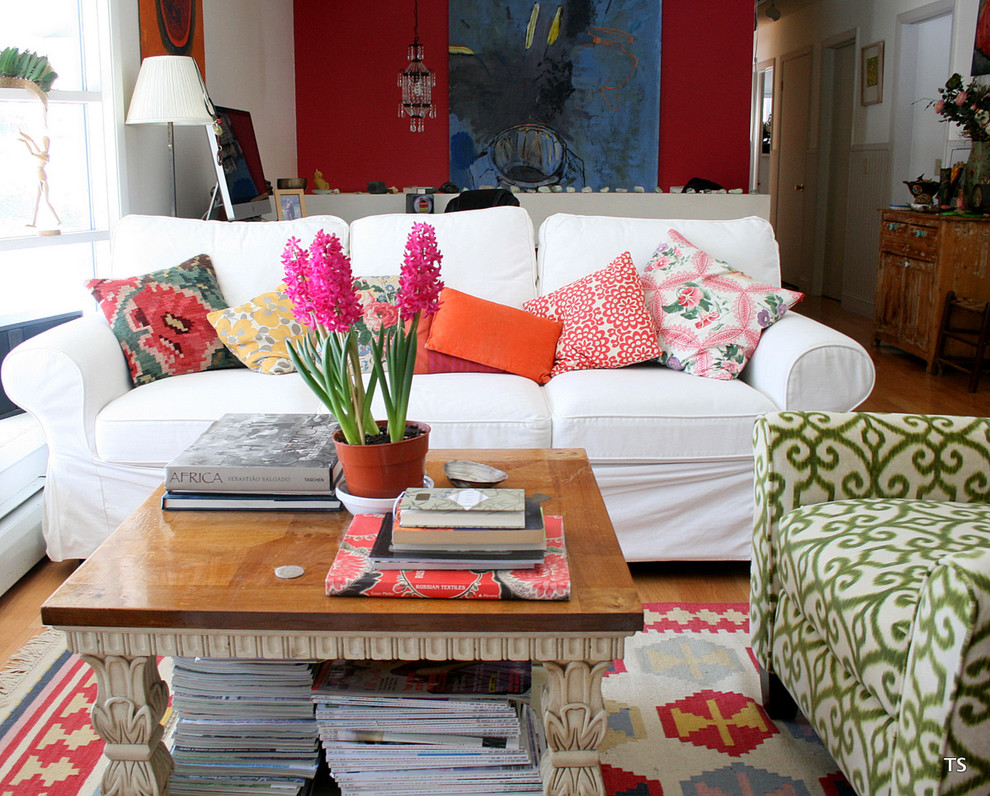 White Slipcover Sofa Living Room Eclectic with Flowers at Home 