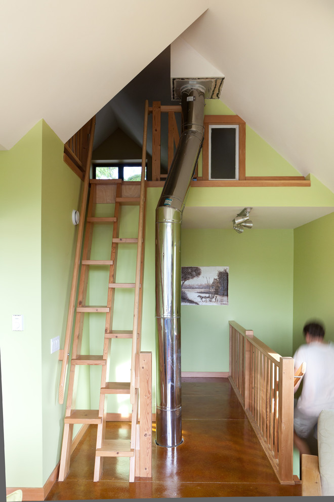 White Step Ladder Staircase Contemporary with Chimney Green Green Paint
