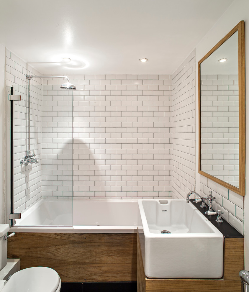 White Subway Tiles Bathroom Contemporary with Belfast Sink Compact Bathroom
