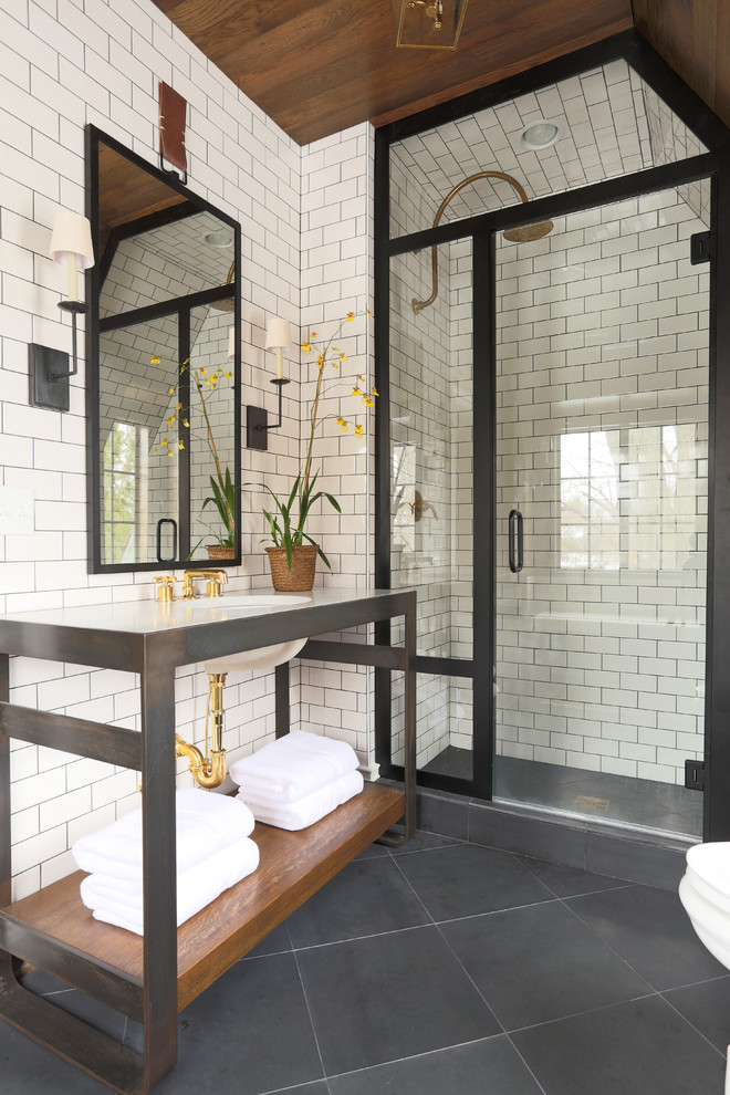 White Subway Tiles Bathroom Transitional with Black and White Bathroom