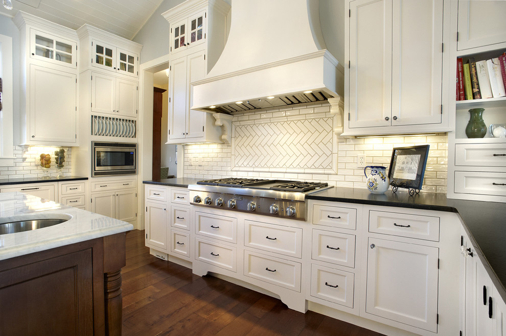 White Subway Tiles Kitchen Traditional with Carrara Marble Custom Hood