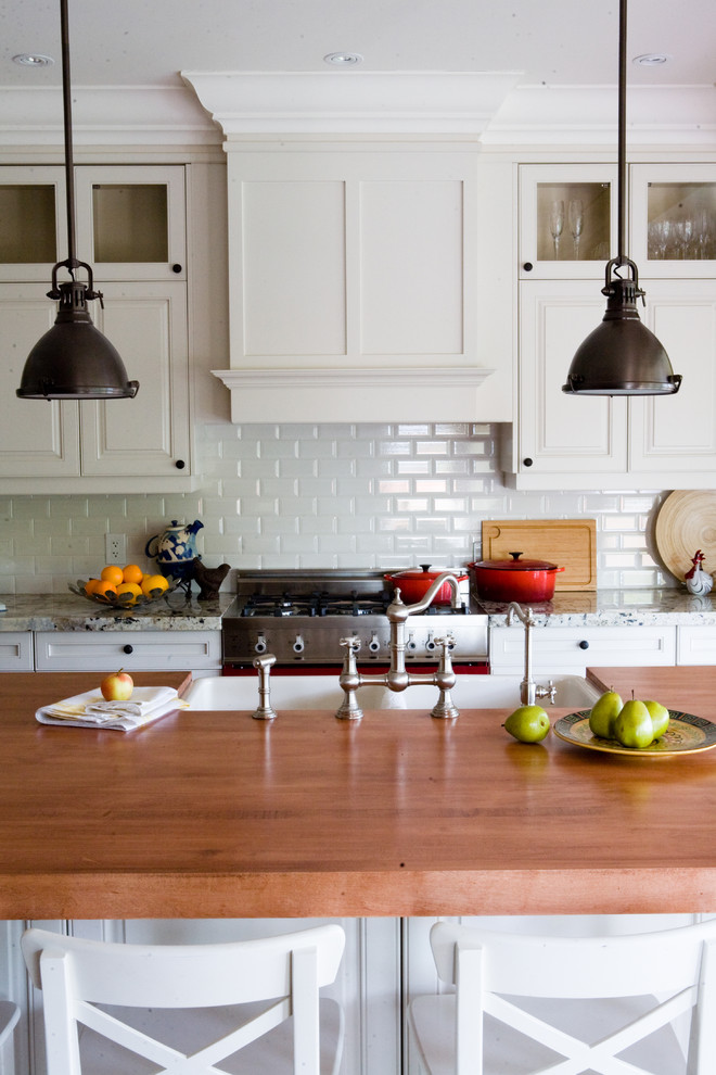White Tile Backsplash Kitchen Traditional with Breakfast Bar Bridge Faucet