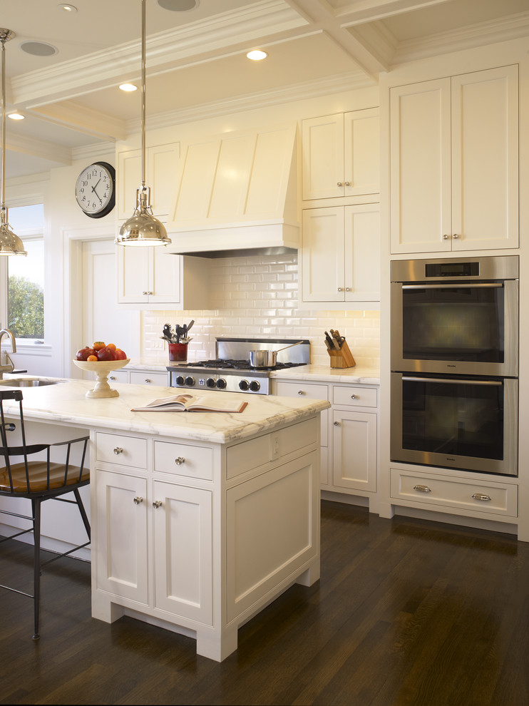 White Tile Backsplash Kitchen Traditional with Cabinet Knobs Calacatta Marble