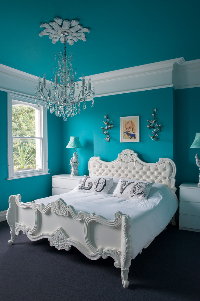 White Tufted Bed Bedroom Eclectic with Artwork Blue Bedroom Blue