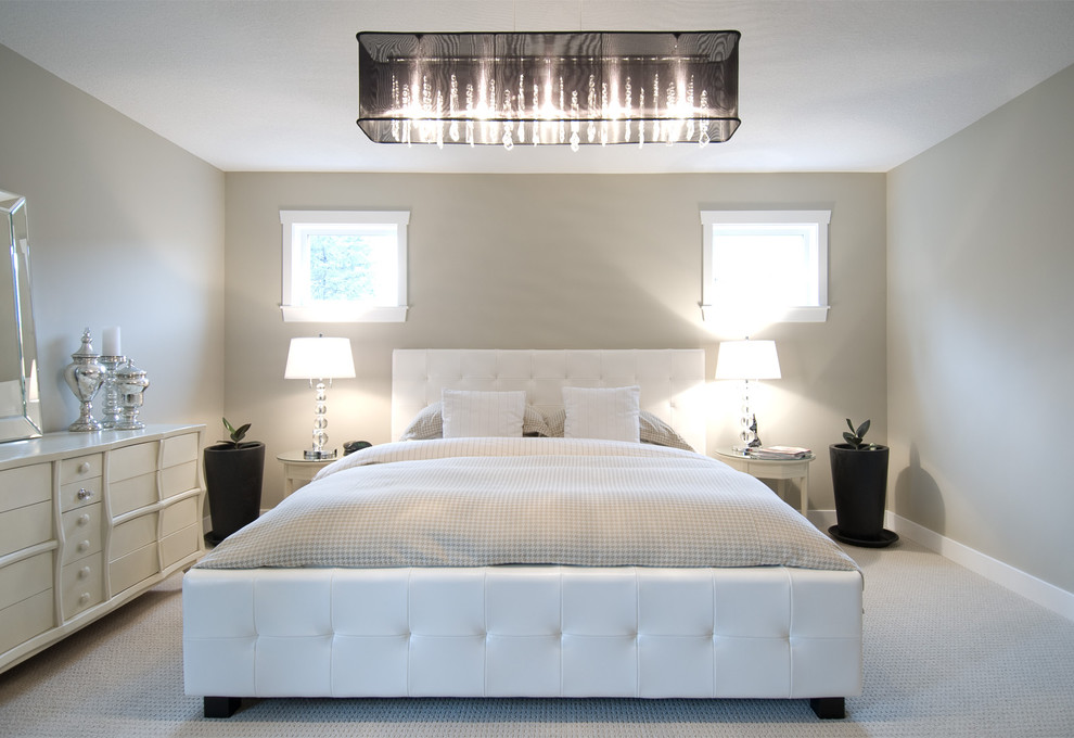 White Tufted Bed Bedroom Modern with Beige Bedding Beige Dresser