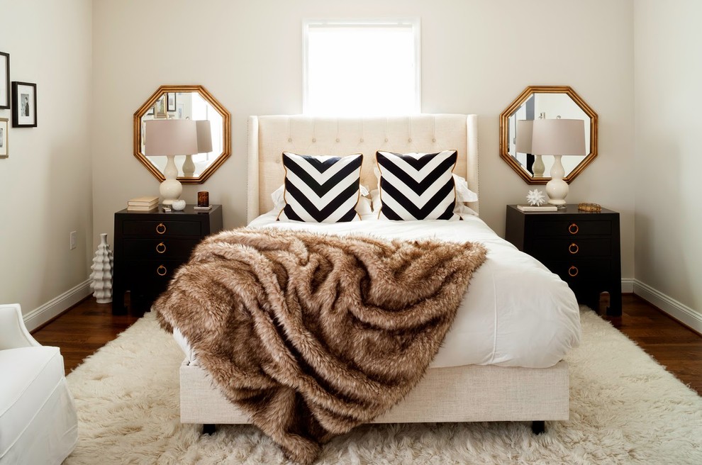 White Tufted Bed Bedroom Transitional with Black and White Chevron