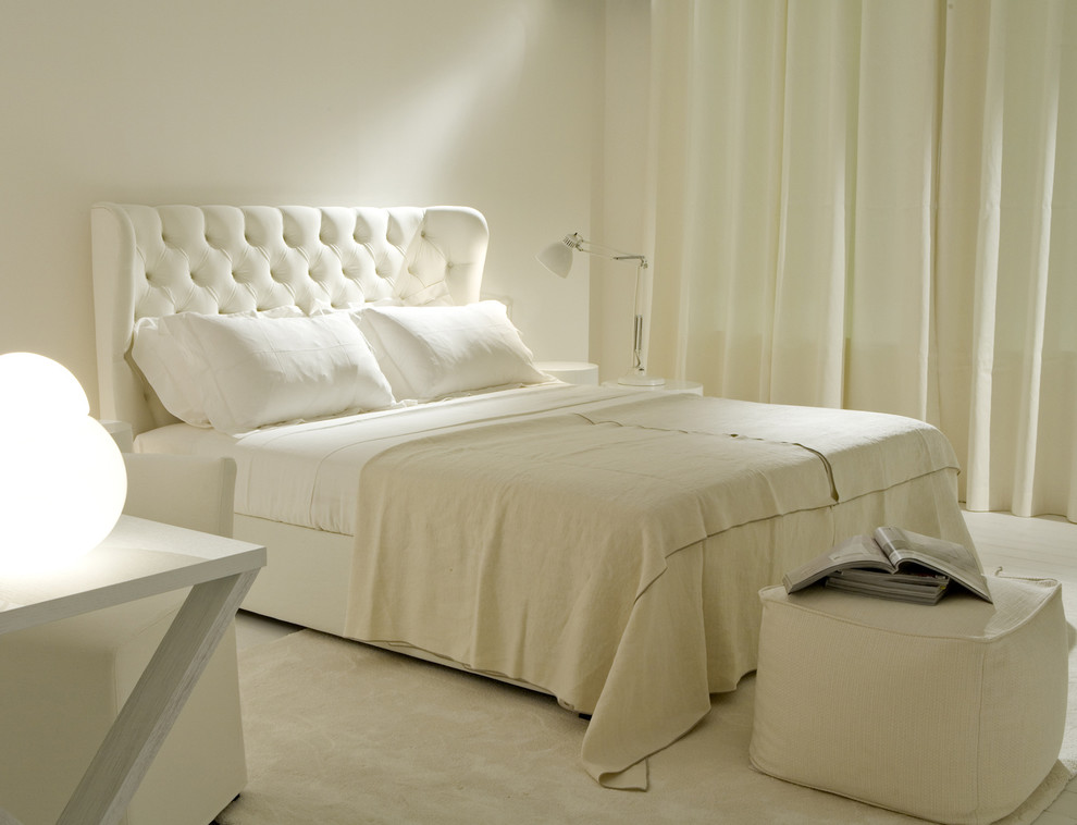 White Upholstered Headboard Bedroom Transitional with Curtains Drapes Monochromatic Neutral