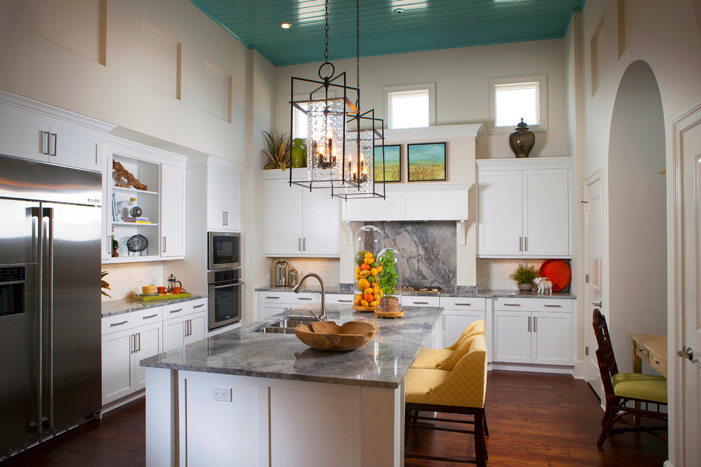White Vermont Granite Kitchen Mediterranean with Arch Blue Ceiling Counter
