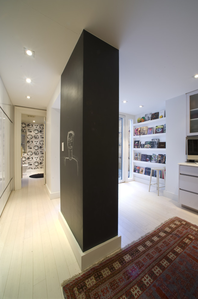 White Wash Wood Floors Hall Contemporary with Bathroom Bookshelves Chalkbaord Wall