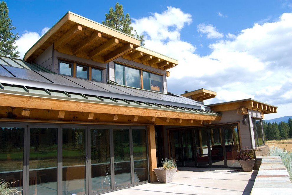 White Washed Hardwood Floors Exterior Industrial with Aluminum Cladding Patio Doors