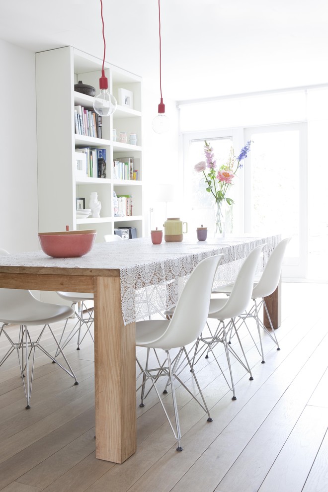 White Washed Oak Flooring Dining Room Modern with Bare Bulb Pendant Blonde Wood