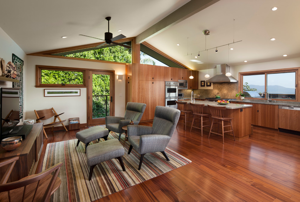 Whole House Remodel Family Room Midcentury with African Mahogany Floors Cathedral