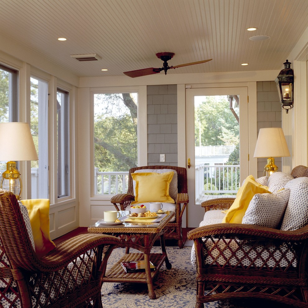 Wicker Coffee Table Porch Traditional with Beadboard Ceiling Blue Rug