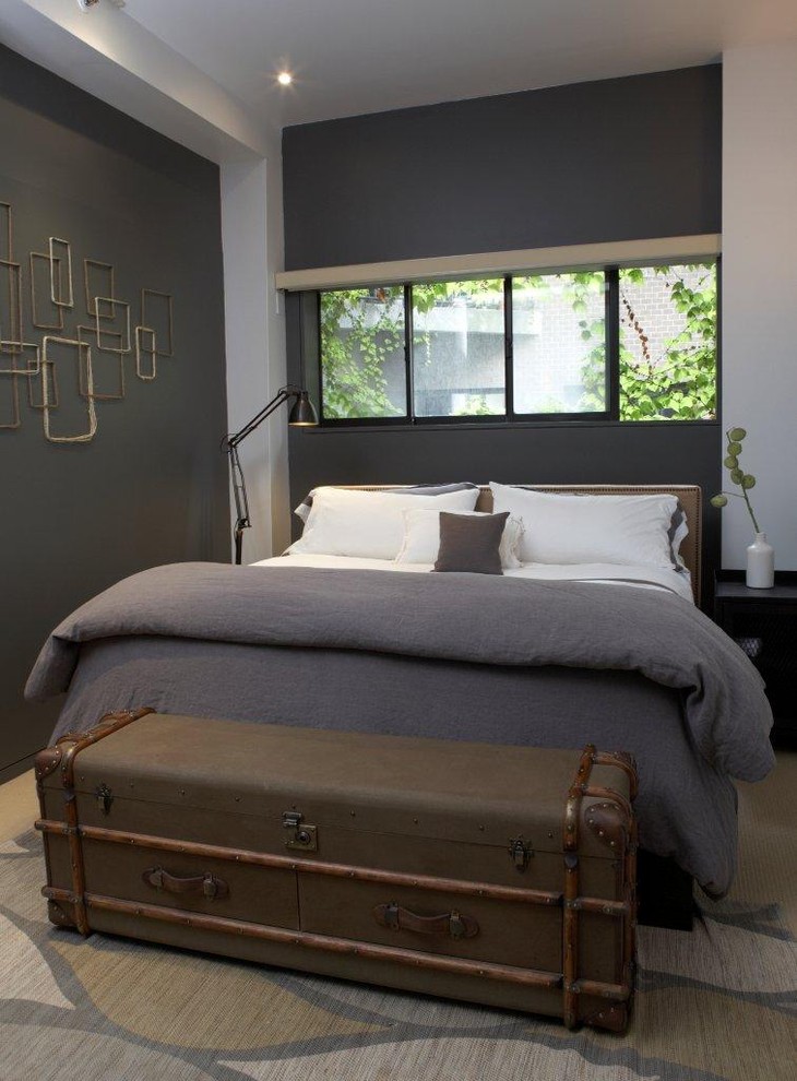 Wicker Storage Trunk Bedroom Eclectic with Area Rug Bedside Table