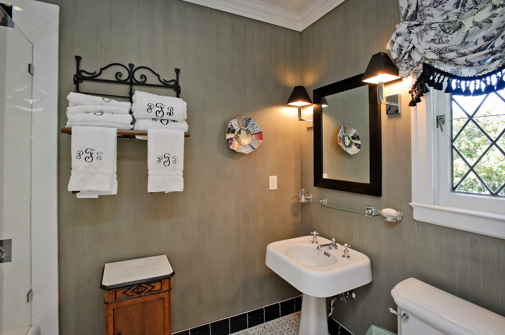 Window Grill Designs Powder Room Traditional with Balloon Shades Bathroom Shelf