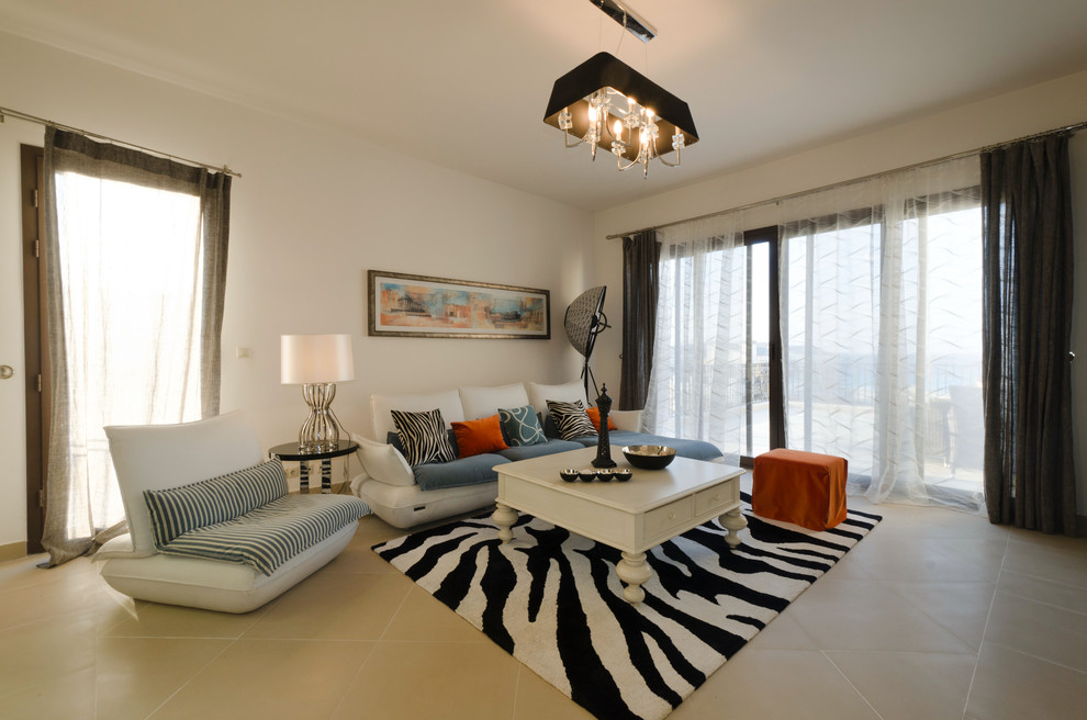Window Treatment for Sliding Doors Living Room Mediterranean with Beige Tile Floor Dark