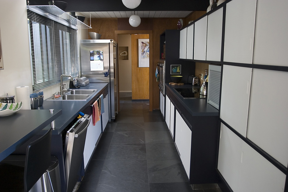 Window Treatments for Sliding Glass Doors in Kitchen Kitchen Contemporary with Black and White Black