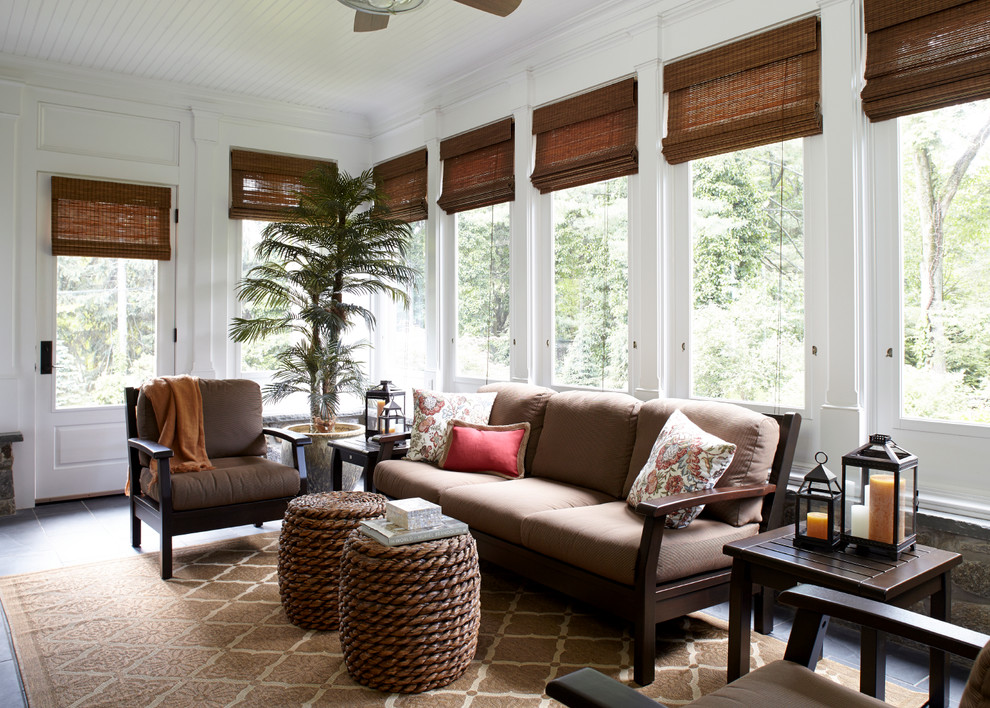 Window Treatments for Sunrooms Sunroom Traditional with Area Rug Brown Seat