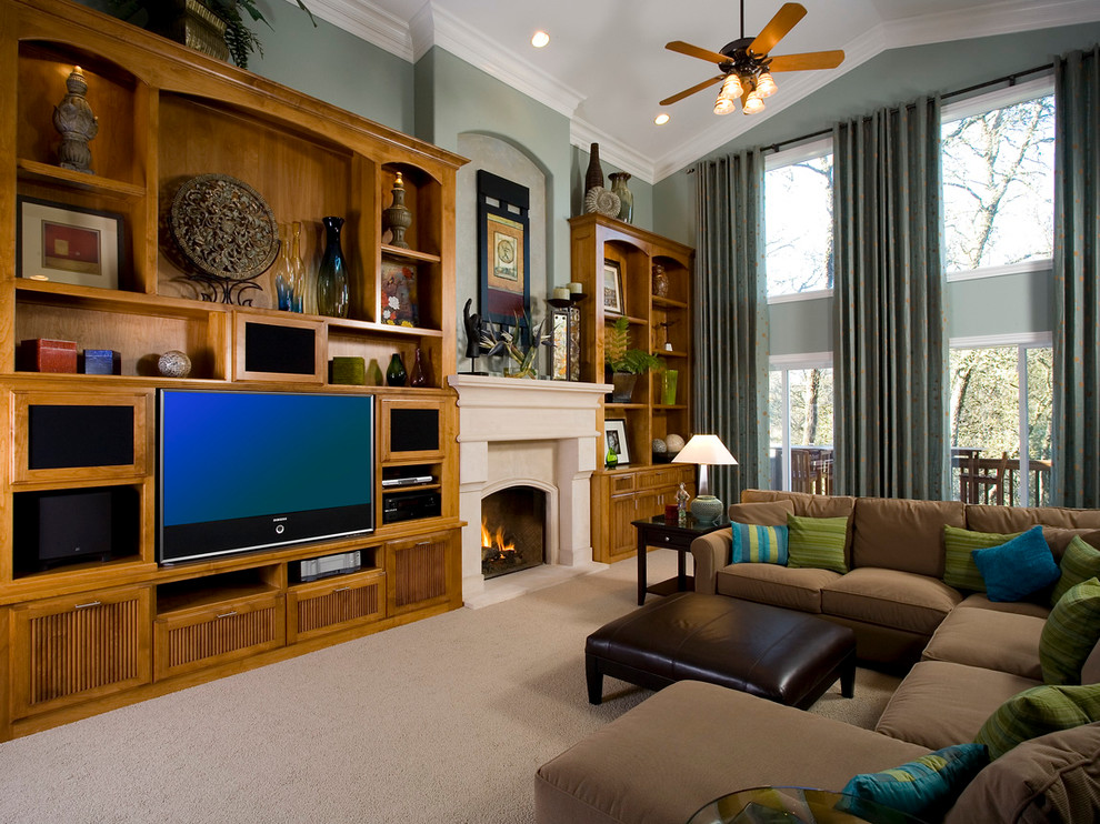 Wine Glass Shelf Family Room Transitional with Beige Carpet Brown Sofa