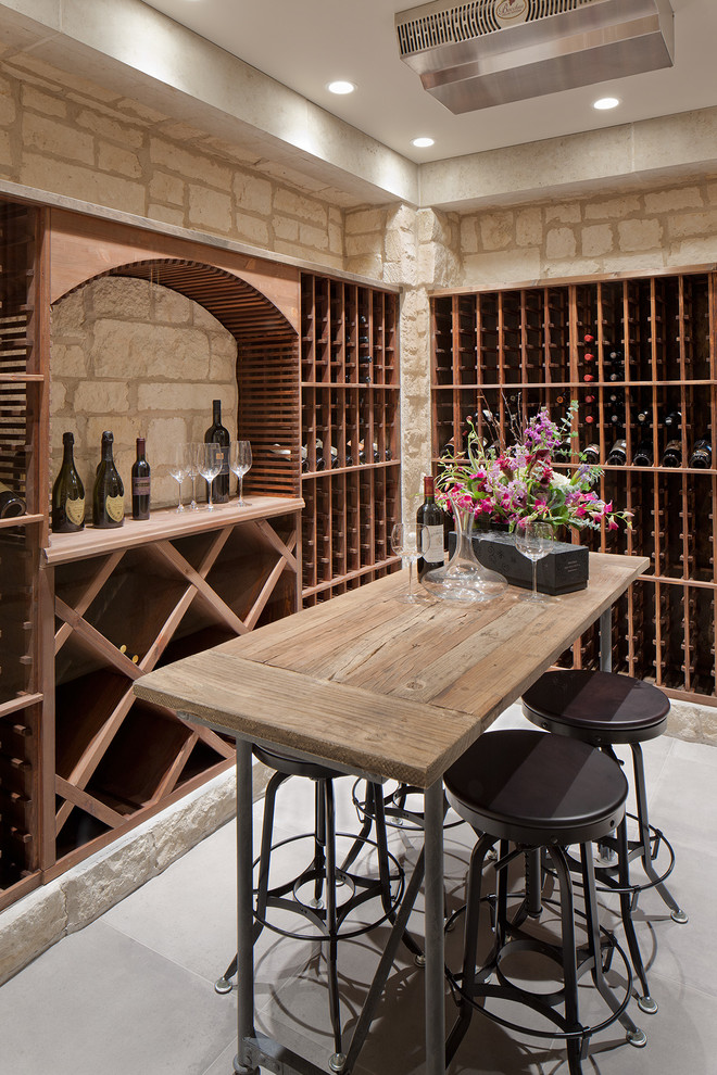 Wine Tasting Table Wine Cellar Transitional with Arch Concrete Tile Counter
